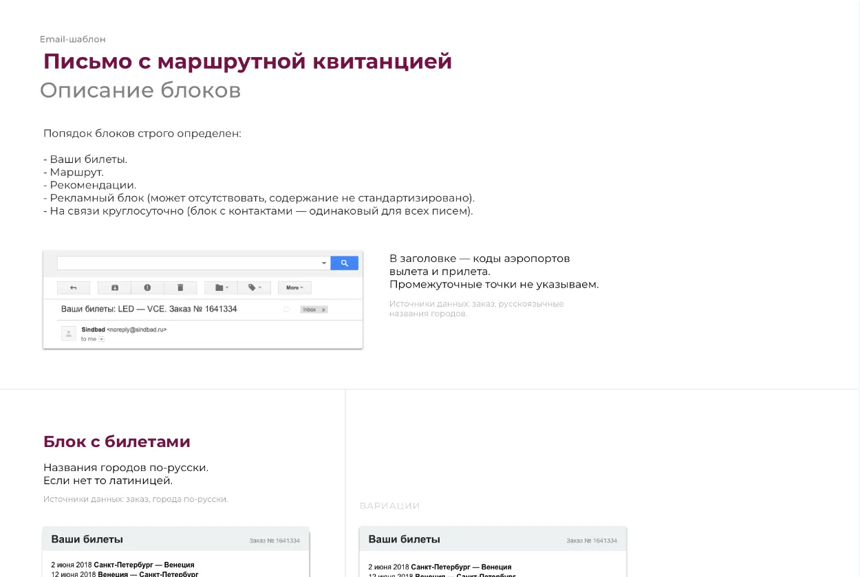 Описание блоков письма с маршрутной квитанцией. Дизайн авиабилета и писем сервиса Sindbad | SobakaPav.ru