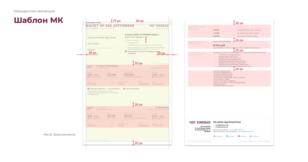 Шаблон маршрутной квитанции: зона контента. Дизайн авиабилета и писем сервиса Sindbad | SobakaPav.ru