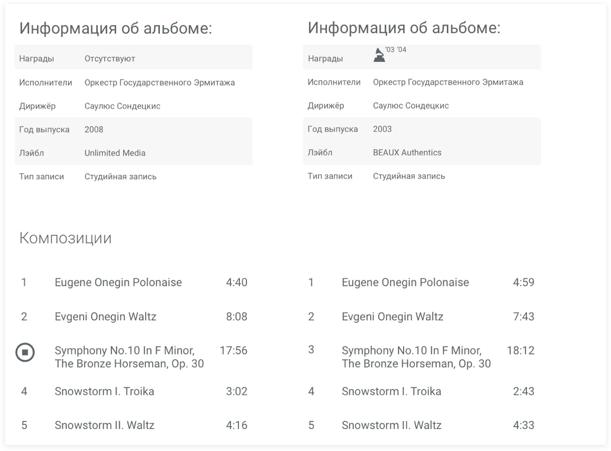 Интерфейс поисковика классической музыки. Форма сравнения записей | SobakaPav.ru