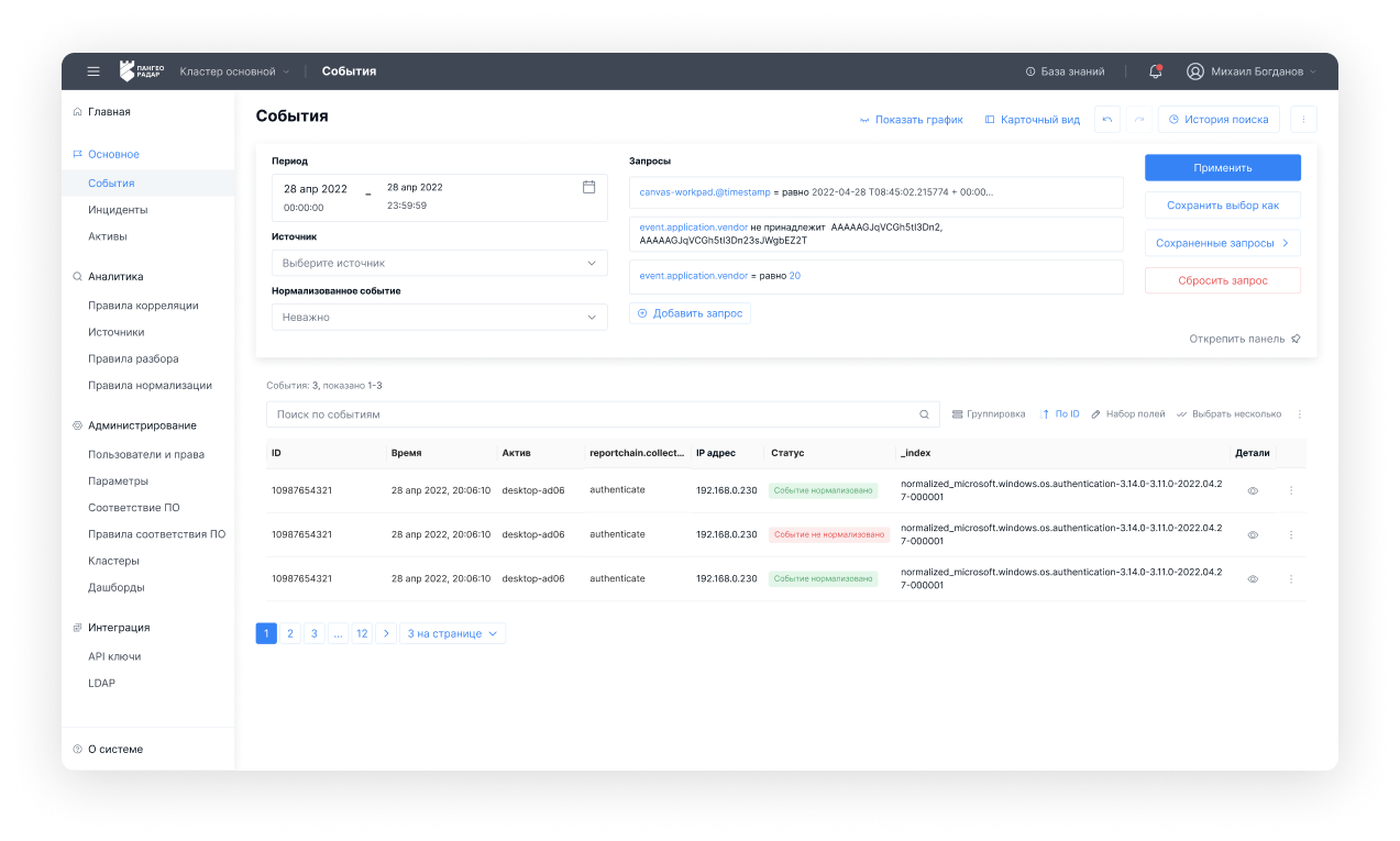 Дизайн интерфейса платформы кибер­безопасности. События. 
